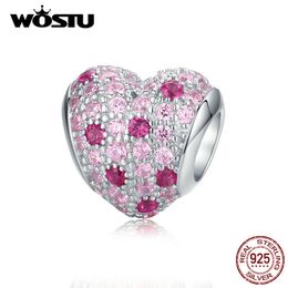 WOSTU 925 Sterling Silver Love-shaped Beads Pink Clear Zircon Fit Original Bracelet Pendant Charms For Jewellery Making CTC118 Q0531