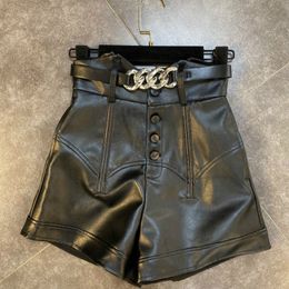 DEAT 2021 Autumn Winter New Arrvials High Waist Chain Decoration Black Pu Shorts Streetwear Women MK548 210317