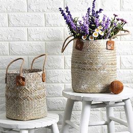 Lavender Vase Woven Sundries Storage Baskets Hanging Rattan Babysbreath Potted Flowerpot Home with Handle 210609