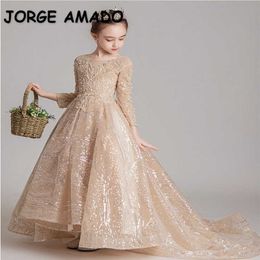 Spring Teenagers Girls Formal Dress Long Sleeve Pearls Cute Style Party Model Show Dresses for Weddings E1130 210610