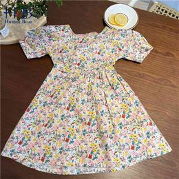 Girls Dress Summer Puff-Sleeve Floarl Printed Backless Cute Princess Toddler Kids Clothes 210611