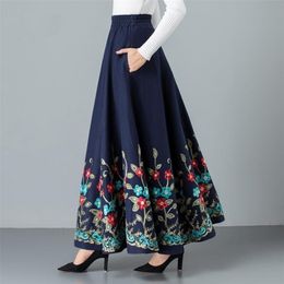 Mom elegant Embroidered Maxi pleated skirt Women Plus Size Winter Warm Woollen Long Skirt Lady High Waist Casual Wool Office saia 210310