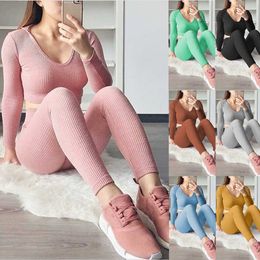 Women Tracksuit Sport Knitting Set 2020 High Waist Solid Navel 2 Piece Hoodie+Pants Mujer Workout Jogging FitnFemale Clothes X0629