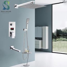 Bathroom Shower Sets Chrome Digital Display Faucet Set Rainfall Head 3-way Cold Mixer Tap Bathtub System