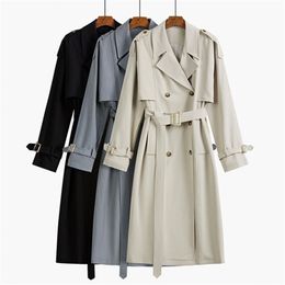 Double Breasted Trench Coat Women Office Lady Notched Collar Full Sleeve Overcoat With Belt Elegant Long Chic Outerwear 4091428 210812