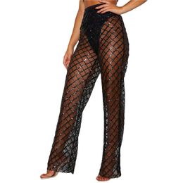 Women's Swimwear See Through Beach Trousers Daily Loose Fit Solid Colour Perspective Wide Leg Pants Bathing Suit Cover Ups