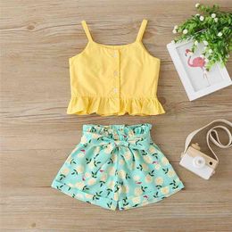 Summer Children Sets Casual Girls Cute Strap Single Breasted Tops Print Short Pants Clothes 9M-4T 210629