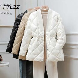 Women Elegant White Duck Down Jacket Korean Fashion V Neck Slim Bandage Lightweight Down Coat and Parka Warm Outwear 211221