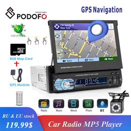 Podofo 1Din Car Stereo Radio GPS Navigation 7" HD Retractable Screen MP5 Player BT Autoradio Mirror Link Radios Tape Recorder