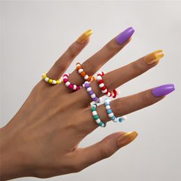 7Pcs/Set Korean Fashion Seed Bead Rings Set Simple Geometric Strand Elasticity Candy Rings for Women Cute Jewellery Gifts