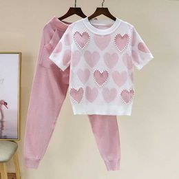 Korean Women's Knit Outfits Love Heart Short Sleeve Tops + Lace Up Waist Ankle Harem Pocket Pants 2 Piece Sets Suit 210529