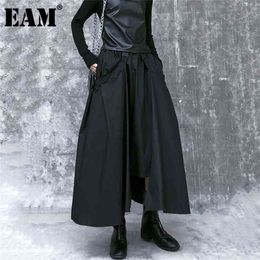 [EAM] High Elastic Waist Black Buckle Split Joint IrregularHalf-body Skirt Women Fashion Spring Autumn 1DA108 210621