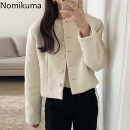 Nomikuma Women Thicken Woolen Coat Causal O-neck Long Sleeve Jacket Autumn Winter Korean Femme Short Jackets 6D278 210930