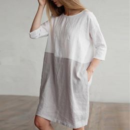 Casual Dresses Sun Dress Women Summer 2021 Patchwork 1/2 Sleeved Cotton Linen Oversize Loose Pockets Tunic Elegant