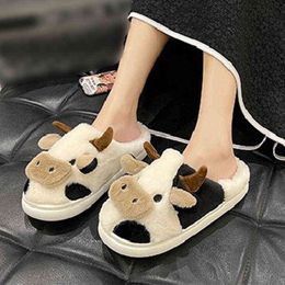 Women Ins Cartoon Cow Slippers Plush Warm Winter Soft Bottom Slippers Comfortable Fasion Indoor Female Cotton Shoes 2022 New Y1206