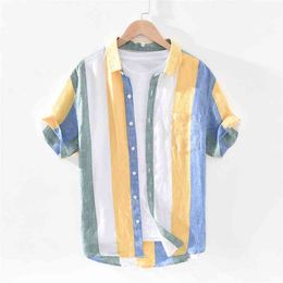 1709 Men Summer Fashion Japan Style Bright Colour Striped Short Sleeve Single Breasted Casual Pure Linen High Quality Shirts Male 210714