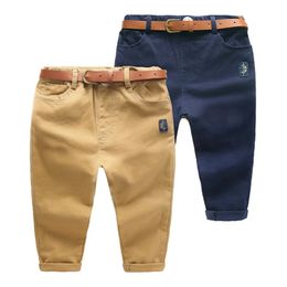 New Autumn Spring 2 3 4 6 8 Years Children'S Clothing Solid Colour For Kids Baby Boys Cotton Long Pants Trousers With Belt 210306