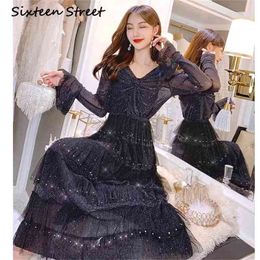 Spring Chic Fshion Black Mesh Dress Woman Long Flare sleeve V-neck bling party dress female spring bodycon 210603