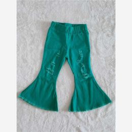 Jeans Wholesale Children's High Quality Baby Girl's Green Bell Bottom With Ripped Personality Pants