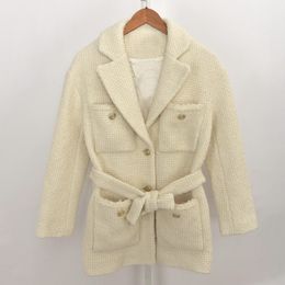 2022 Spring Long Sleeves Notched Lapels Ivory Jacket French Style Solid Color Tweed Double Pockets Belted Single-Breasted Jackets Long Outwear Coats 21O277159