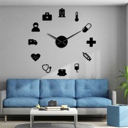 Medicine Heath Care Ambulance Tools Large DIY Wall Clock Acrylic Mirror Effect Stickers Hospital Clinic Decor Watch 211110