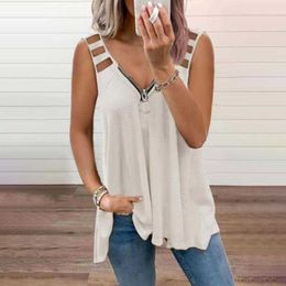 Summer V Neck Solid Color Sleeveless Vest T Shirt Women Casual Loose Hollow Shoulder Strap Fashion Streetwear Tops Tee Shirts 210608