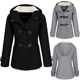 Fashion Casual Winter Warm Slim Hooded Jackets Coat Outwear Horn Button Overcoat Autumn Women Long 210914