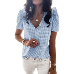 Summer Plaid Print Ruffle Deep V Neck Short Sleeve Tops T Shirt Women Casual Loose Streetwear Plus Size Tee Shirts 210603