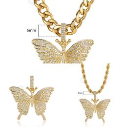 Men's and Women's Large Punk Butterfly Pendant, Neck Ras Necklace, Full Set Diamond, Gold, Stainless Steel, Cuban Chain, Gp433 Q0809