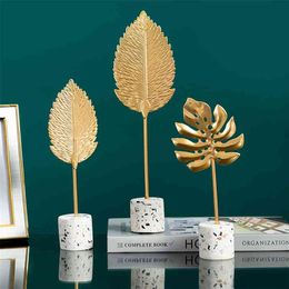 Gold Leaf Home Decoration Accessories Modern Living Room Flower Ornaments Miniature Metal Figurine Wooden Office Desk 210804