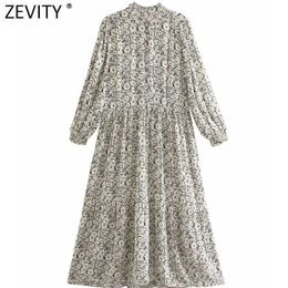 Zevity Women Vintage Ruffled Collar Ink Floral Print Casual Loose Midi Dress Femme Chic Long Sleeve Pleats A Line Vestido DS8181 210603