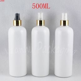 500ML White Round Shoulder Plastic Bottle With Gold Spray Pump , 500CC Toner / Water Packaging Empty Cosmetic Containergoods