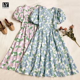 LY VAREY LIN Summer Women Casual Slim Print A-line Medium Length Dresses Sweet O-neck Puff Sleeve High Waist Female 210526