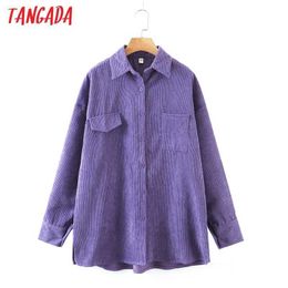 Tangada Women Purple Oversized Corduroy Thin Jacket Coat Ladies Long Sleeve Loose Oversize Boy Friend Coat WN4 210609