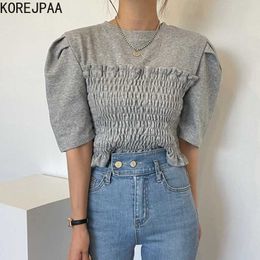 Korejpaa Women T-Shirts Summer Korean Chic Girls French Round Neck Wooden Ear Stitching Pleated Slim Puff Sleeves Pullovers 210526