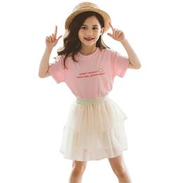 Girls Summer Clothes Letter Tshirt + Skirt Clothing For Mesh Teenage Sequin Children's Tracksuits 210527