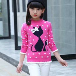 Casual Girl Sweaters Baby Kids Long Sleeve Wool O-Neck Animal Cat Pattern Spring Autumn&Winter Sweater Clothes 2 Colours 211201