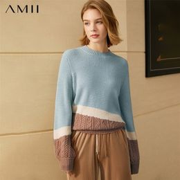 Amii Minimalism Winter Sweaters For Women Fashion Patchwork Oneck Loose Female Pullover Causal Women Tops 12080066 201017