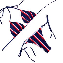 Women's Swimwear Paotang 2021 Summer European And American Style Bikini Swimsuit Sexy Triangle Stripe Lace-Up Printing Two-Piece Suit