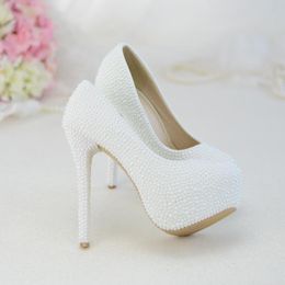 Dress Shoes Wedding White Women's High Heels Waterproof Platform Pearl Thin Crystal Bridal Bridesmaid Heel Large