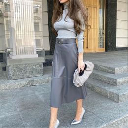 High waist PU leather skirts with Belt lady trendy Solid color Midi Skirt Wrap Autumn Winter Women Slim Office Pencil skirt 210311