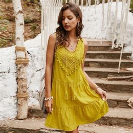 Summer Dresses Women elegant sexy V-neck casual boho sleeveless dress vintage yellow beach lace-up Sundress female clothes 210316