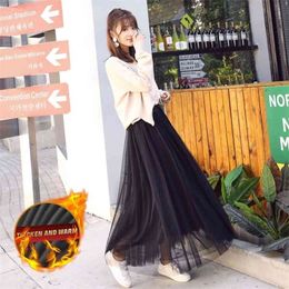 Casual All-Match High Waist Pleated Tulle Long Skirt Woman (Standard & Thick Style ) 210621