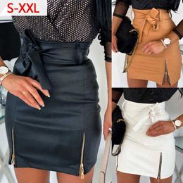 Women Skirt Black White PU Leather s Bow Bandage High Waist Pencil Zipper Mini Sexy Autumn Winter 210524