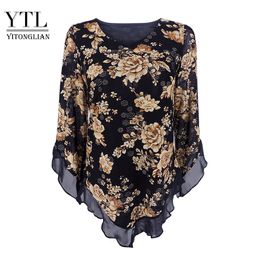Yitonglian Women Vintage Floral Print Scarf V Neck Party Butterfly Top Mesh Blouse Plus Size Loose V-hemline Long Shirt 210226