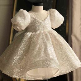 New Sequins White Dress for Girl Baptismal Party Infant Dresses Birthday Evening Outfit Big Bow Princess Wedding Baby Girl Dress G1129