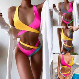 Women's Swimsuit Bathing Suits Color Matching Bandage Bikini High Waist Beach Wear Swimwear 210712