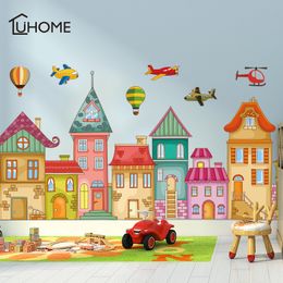 Cartoon Castle Helicopter Hot Air Balloon Wall Stickers for Kids Room Kindergarten Wall Decal Children Room Baseboard Wallpaper 210308