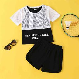 Summer Children Sets Casual Short Sleeve O Neck Mesh Letter T-shirt Black Solid Shorts 2Pcs Girl Boys Clothes 18M-6T 210629