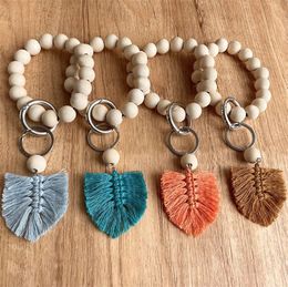 Party Favor Wooden Bead Bracelet Keychain Pure Woods Color Car Chain Cotton Tassel Keyring Wood Beaded Decoration by sea T9I001793